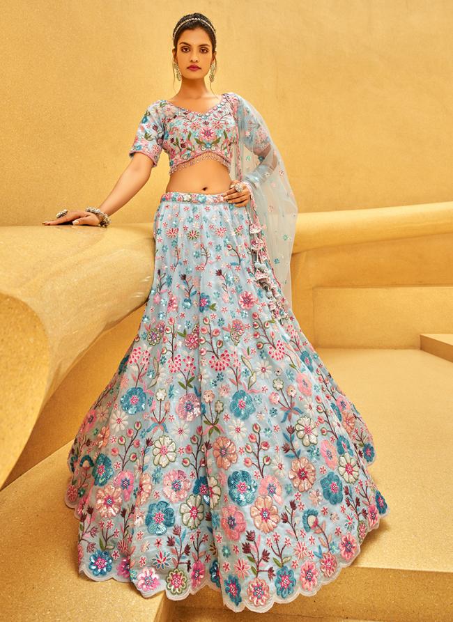 Organza Turquoise Blue Wedding Wear Sequins Work Lehenga Choli